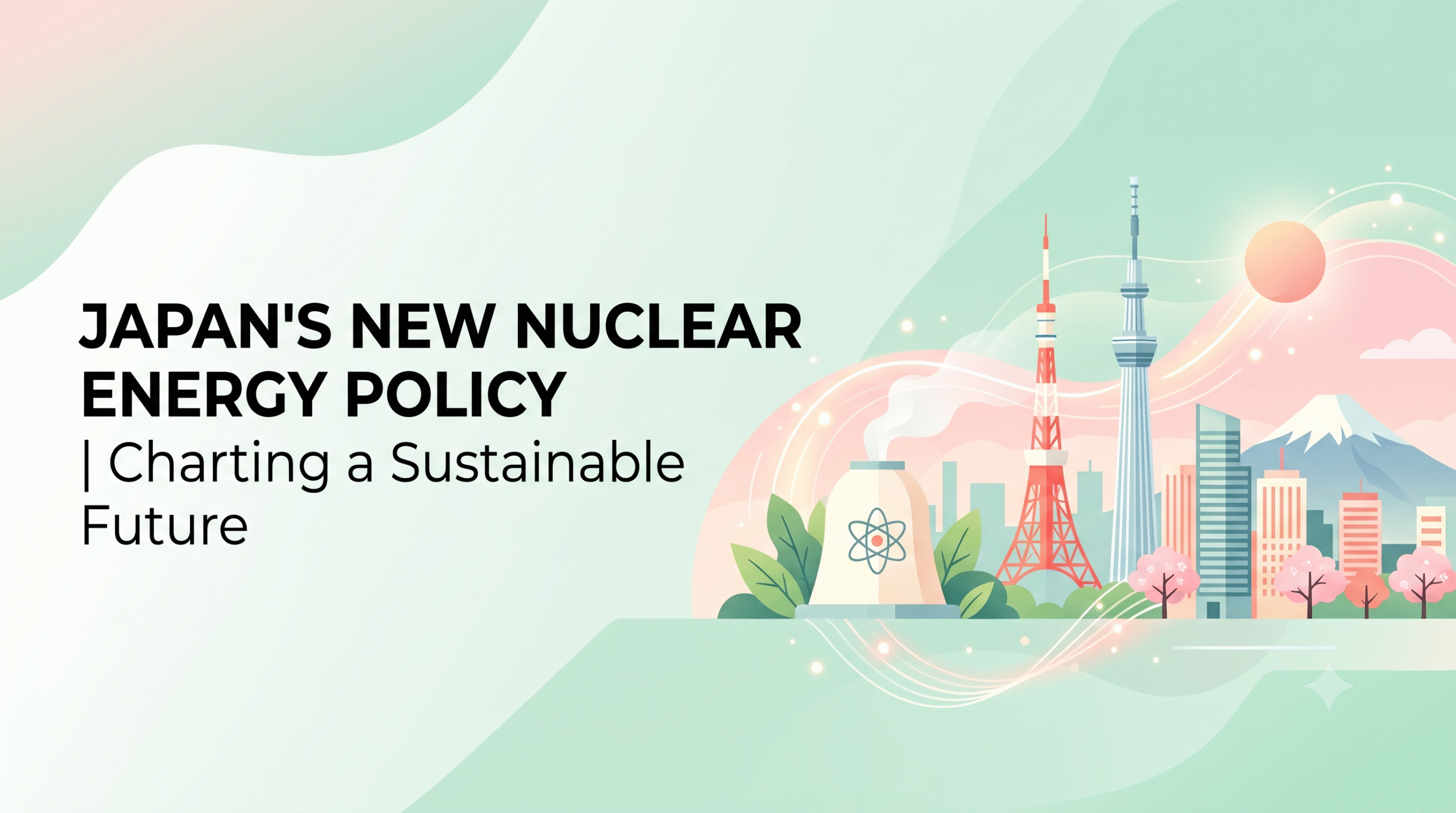 Minimalist editorial banner for Japan’s new nuclear energy policy with a pastel green and pink gradient background, flat illustration of the Tokyo skyline, Mount Fuji, and a clean nuclear power plant icon with abstract energy waves.