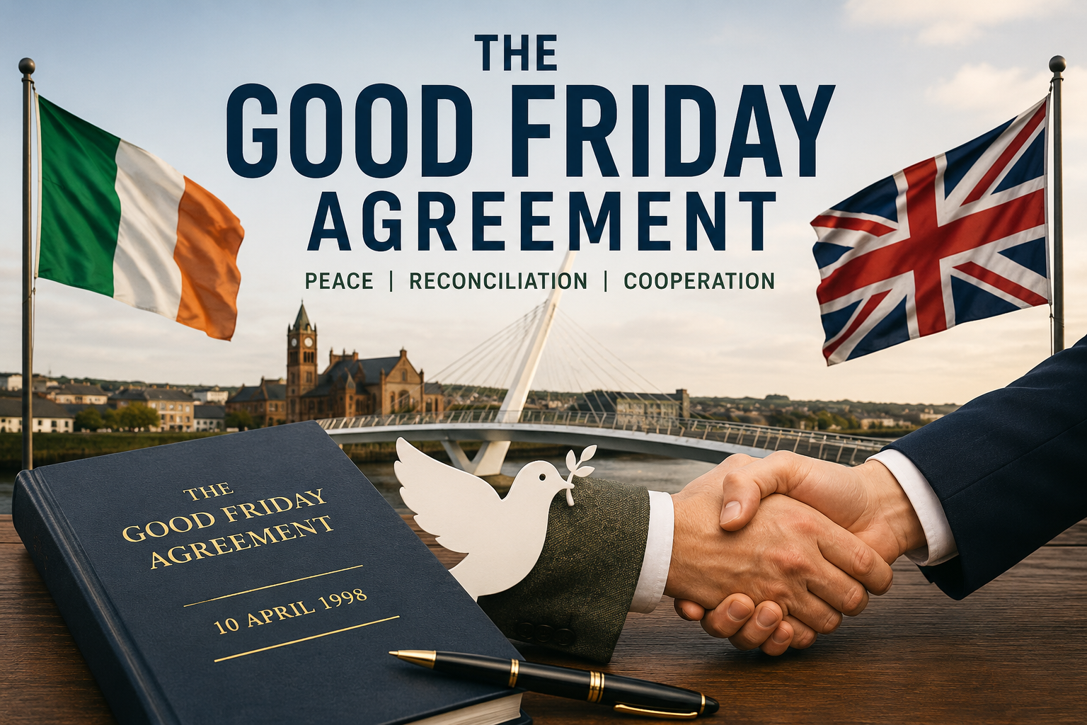 Handshake symbolizing the Good Friday Agreement with Irish and UK flags and peace imagery.