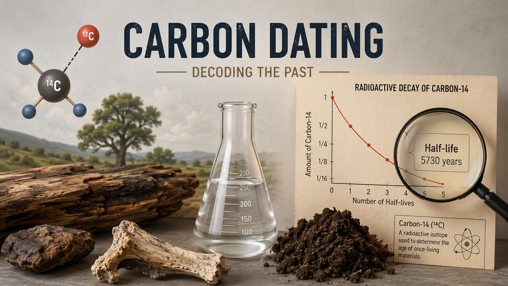 Illustration of carbon dating showing Carbon-14 decay, fossils, and scientific analysis.