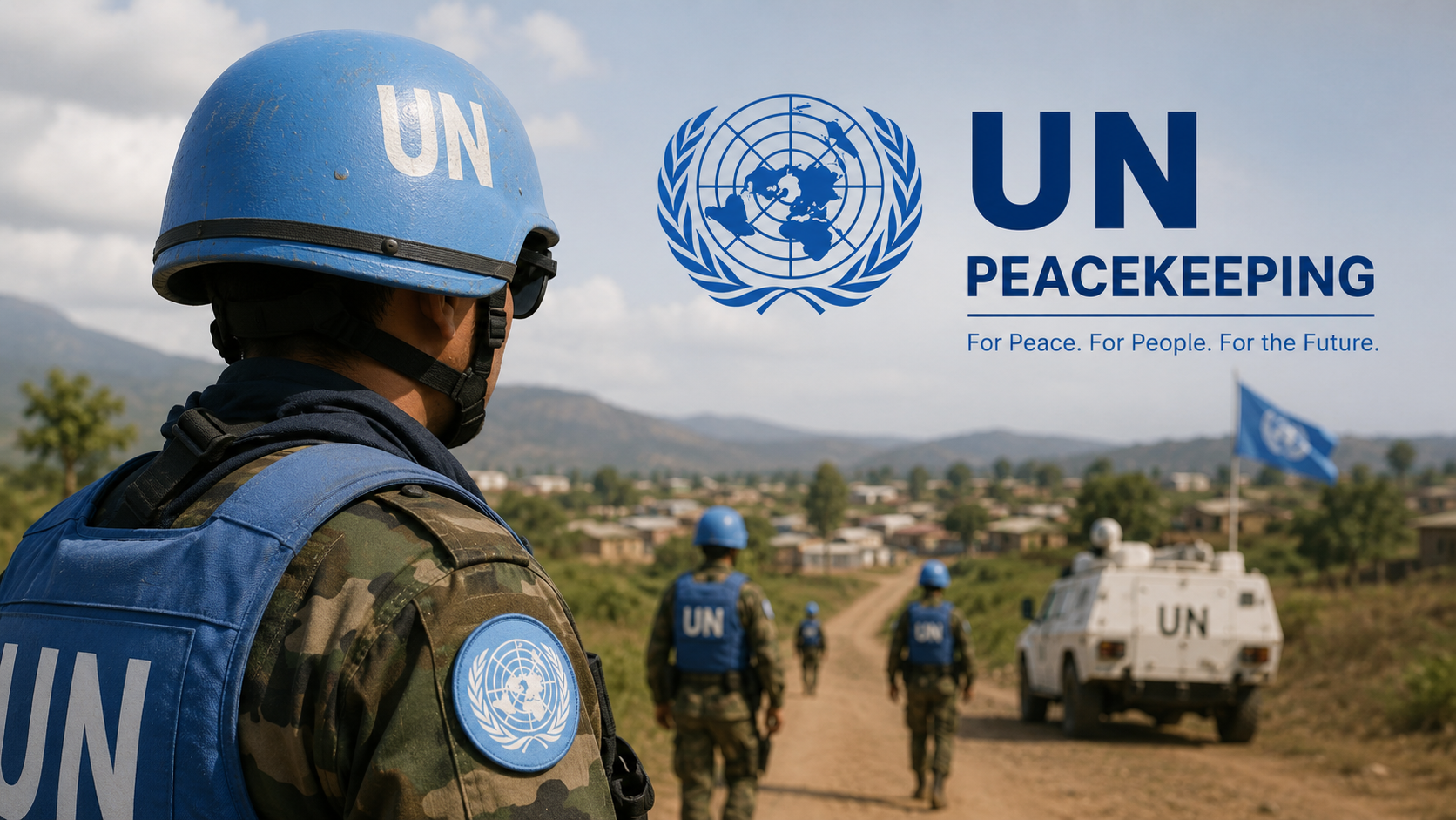 UN Peacekeeping personnel on patrol with a UN vehicle, representing international peace and civilian protection.