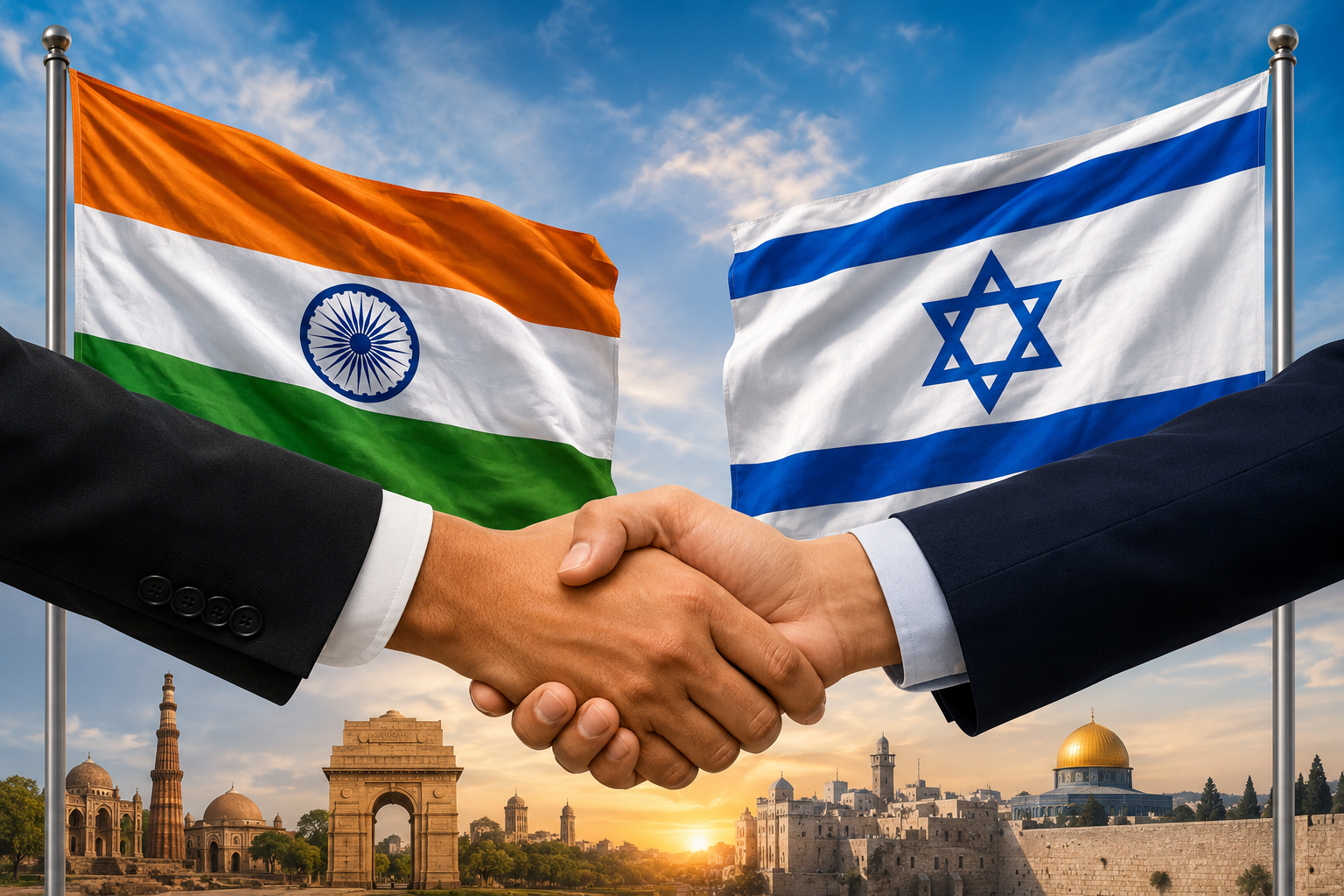 India and Israel flags with a diplomatic handshake symbolizing bilateral relations