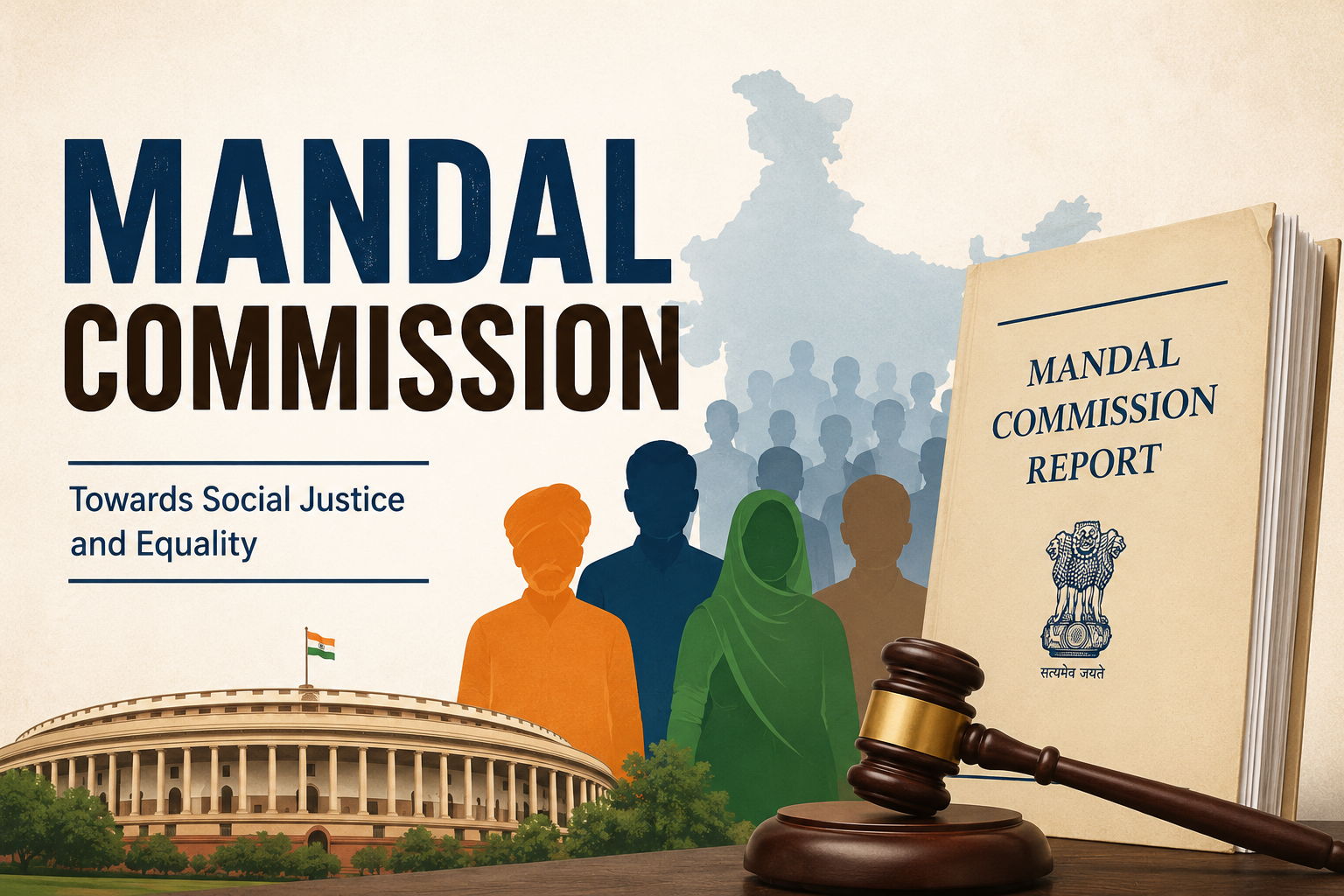 Illustration of the Mandal Commission report with the Indian Parliament, a map of India, and diverse people representing social justice and reservation policy.