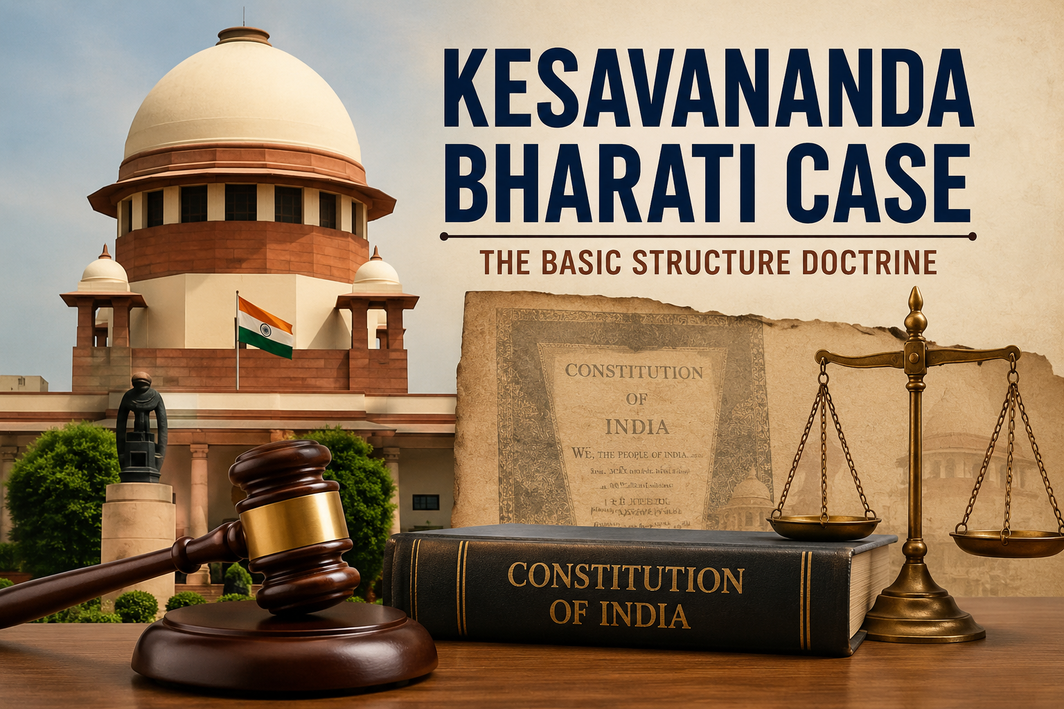Illustration of the Indian Supreme Court symbolizing the Kesavananda Bharati Case and the Basic Structure Doctrine.