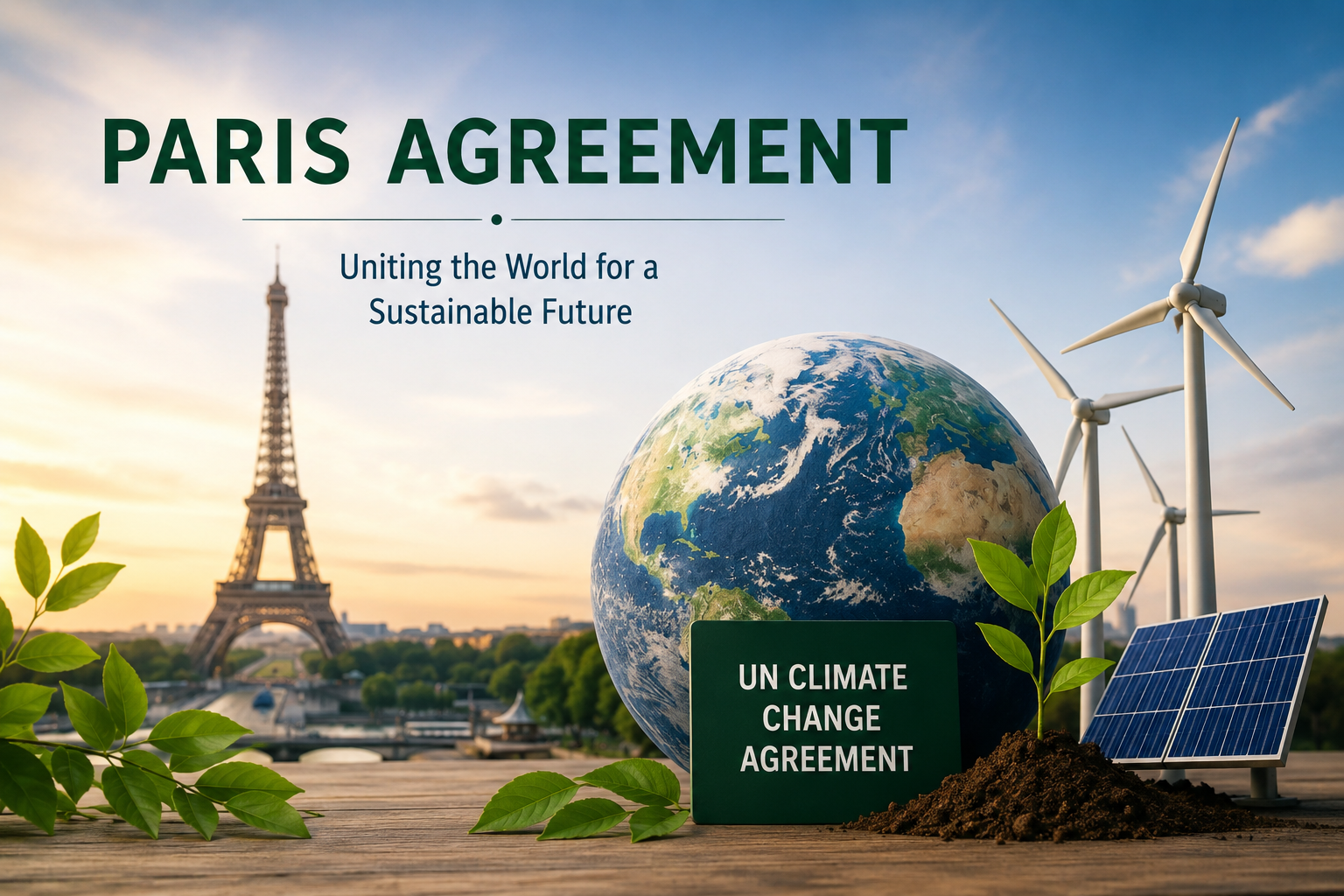 Illustration of the Paris Agreement featuring Earth, the Eiffel Tower, wind turbines, solar panels, and green plants symbolizing global climate action.