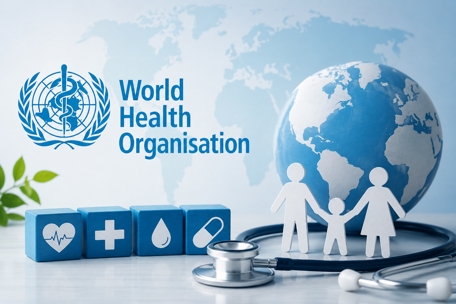 Illustration representing the World Health Organisation with a globe and healthcare symbols.