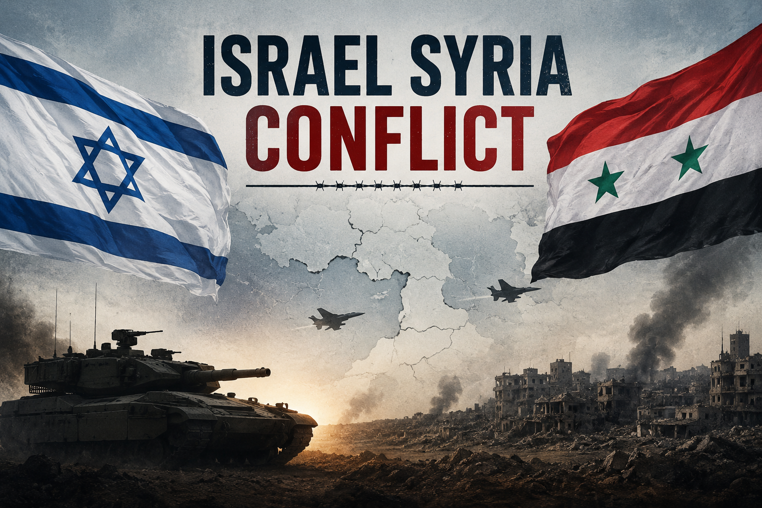Israel Syria conflict-themed illustration with the Israeli and Syrian flags together over a war-affected landscape.