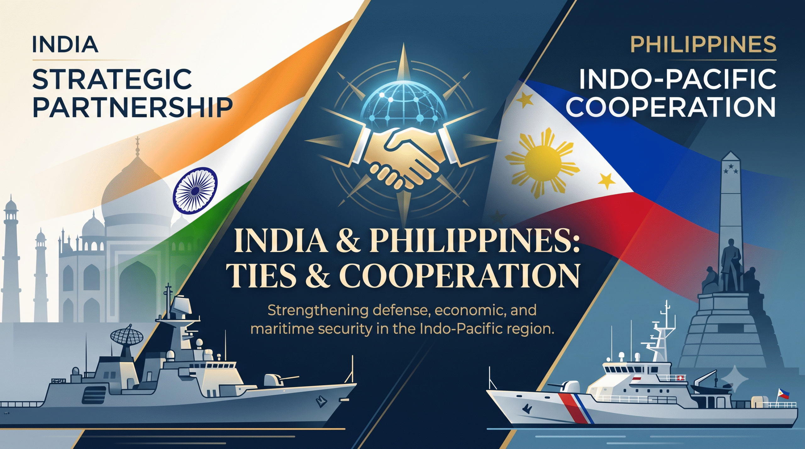 Graphic representing India and Philippines and strategic ties, featuring national flags, cultural landmarks, naval vessels, and a central handshake symbolizing maritime and regional cooperation.