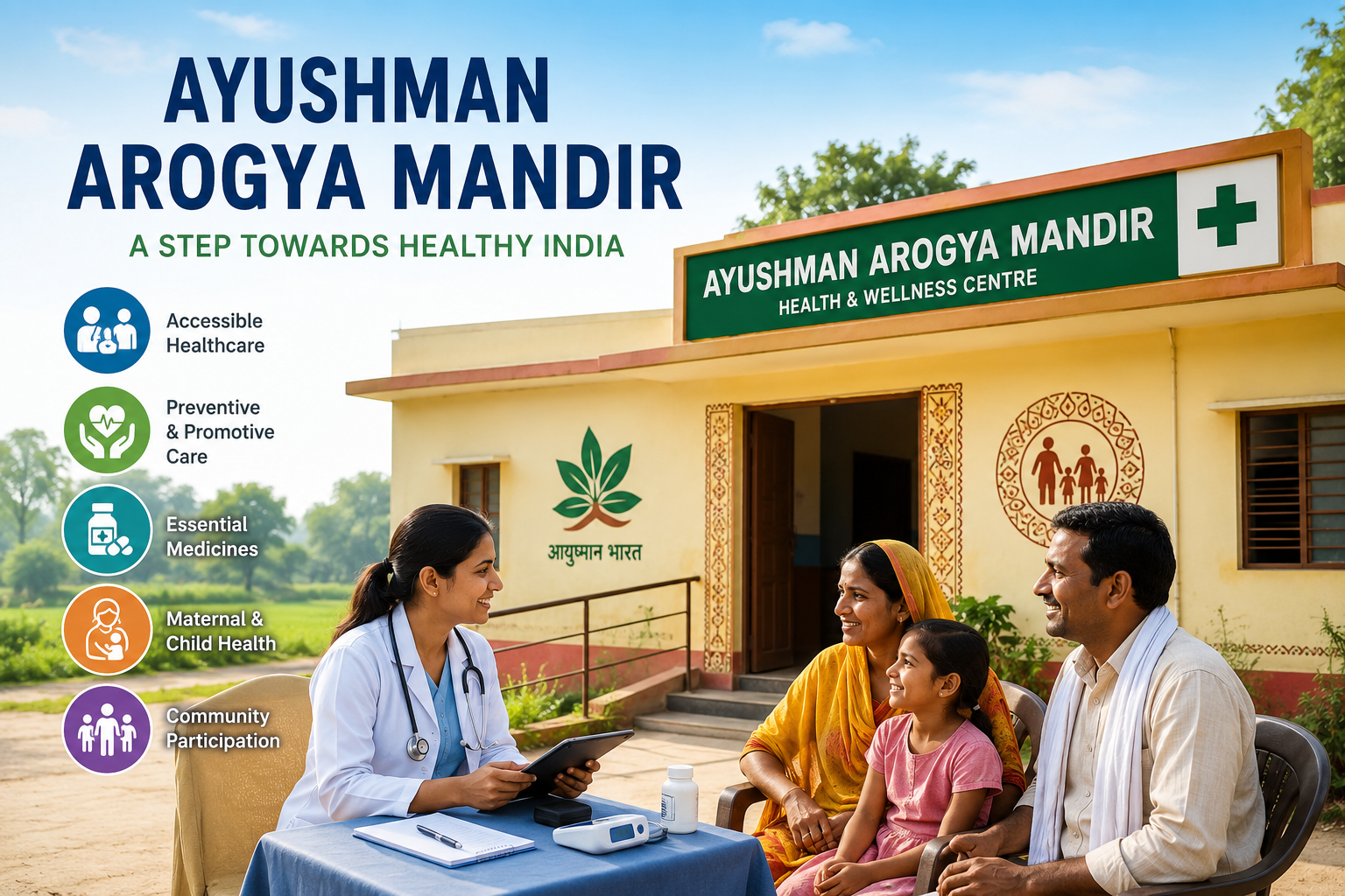 Illustration of an Ayushman Arogya Mandir health centre with a doctor consulting a family outside a modern primary healthcare facility.