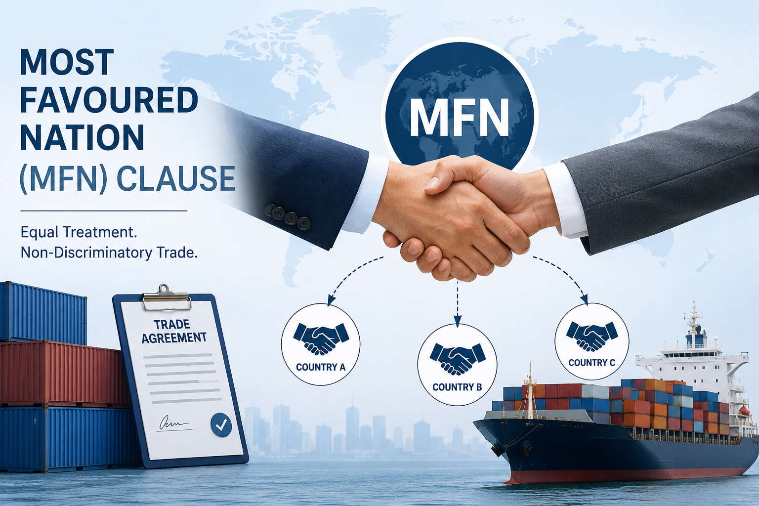 Illustration of the Most Favoured Nation (MFN) Clause showing global trade, handshake, and equal treatment among countries.