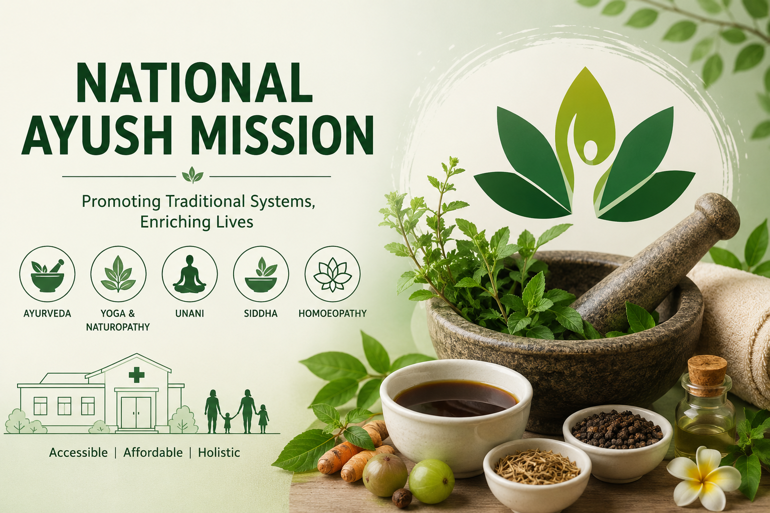 Illustration of the National Ayush Mission featuring traditional Indian medicine systems, medicinal herbs, and holistic healthcare symbols.