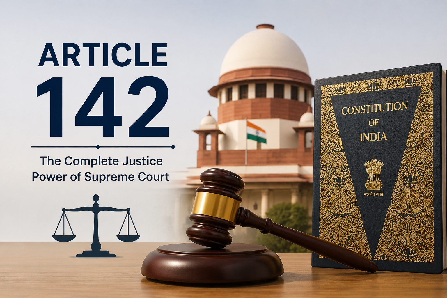 Illustration of Article 142 with the Supreme Court of India, Constitution, and judge's gavel.