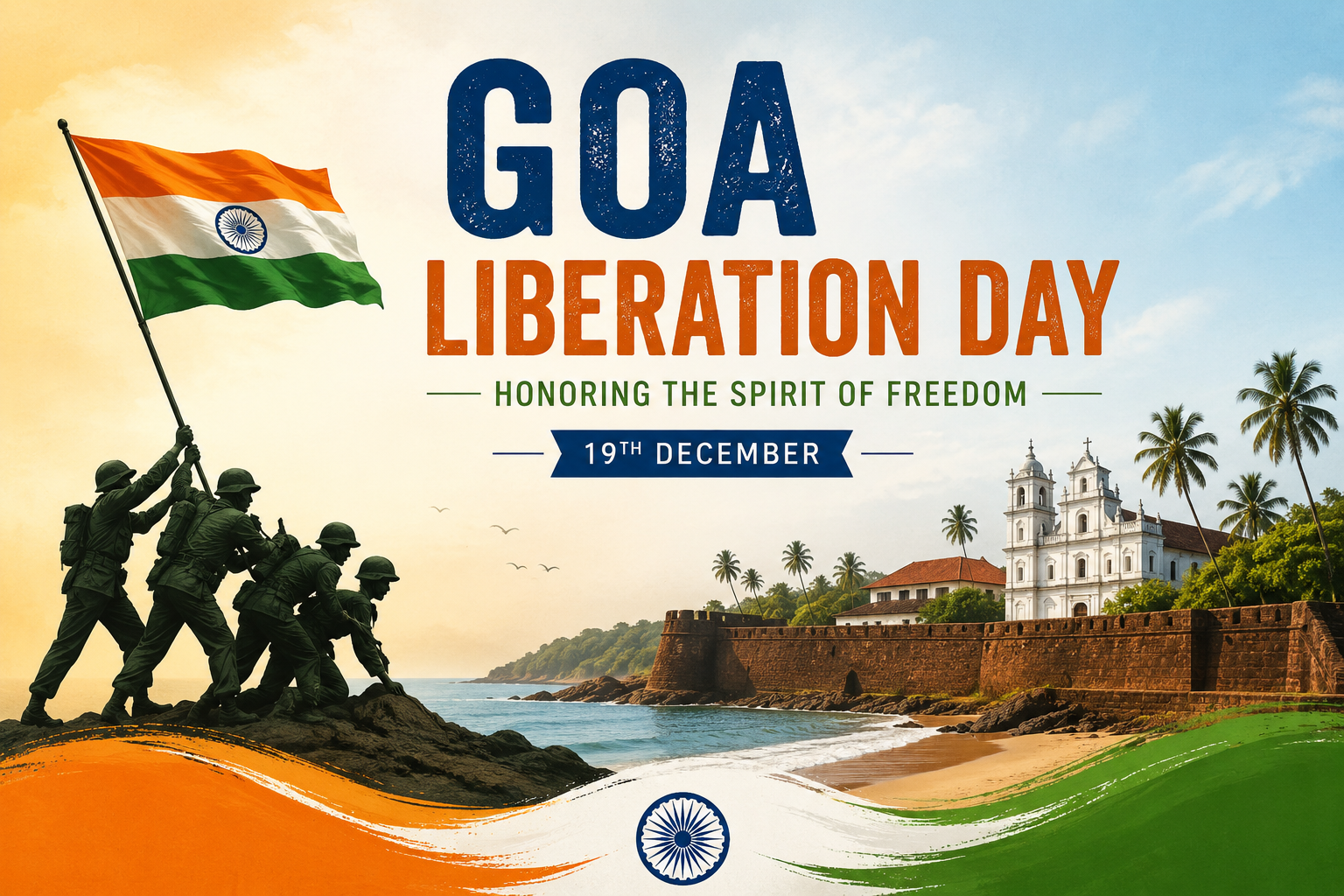 Illustration of Goa Liberation Day with the Indian flag, soldiers, and Goa's coastal heritage.