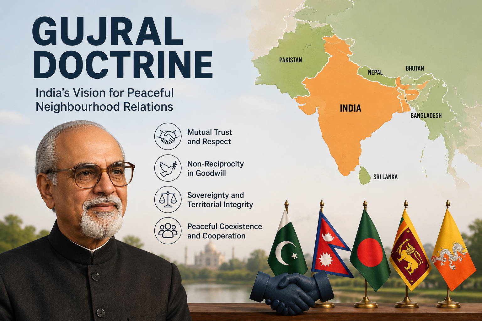 Gujral Doctrine illustrating India's neighbourhood diplomacy and regional cooperation.