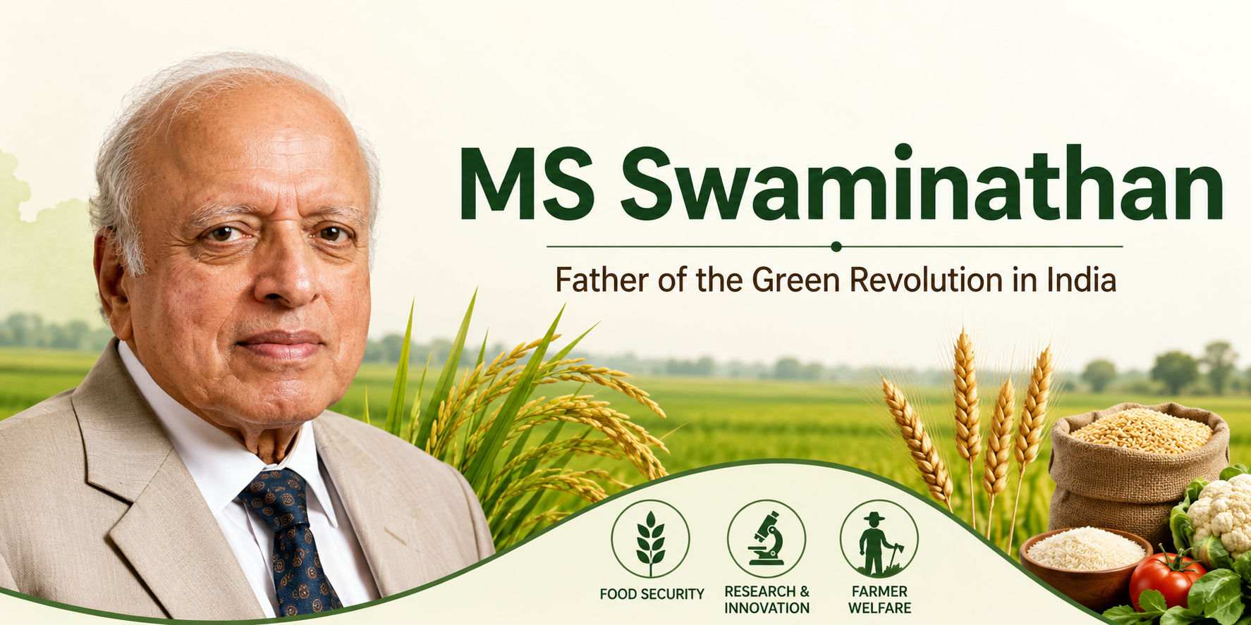 MS Swaminathan with crops symbolizing India's Green Revolution.