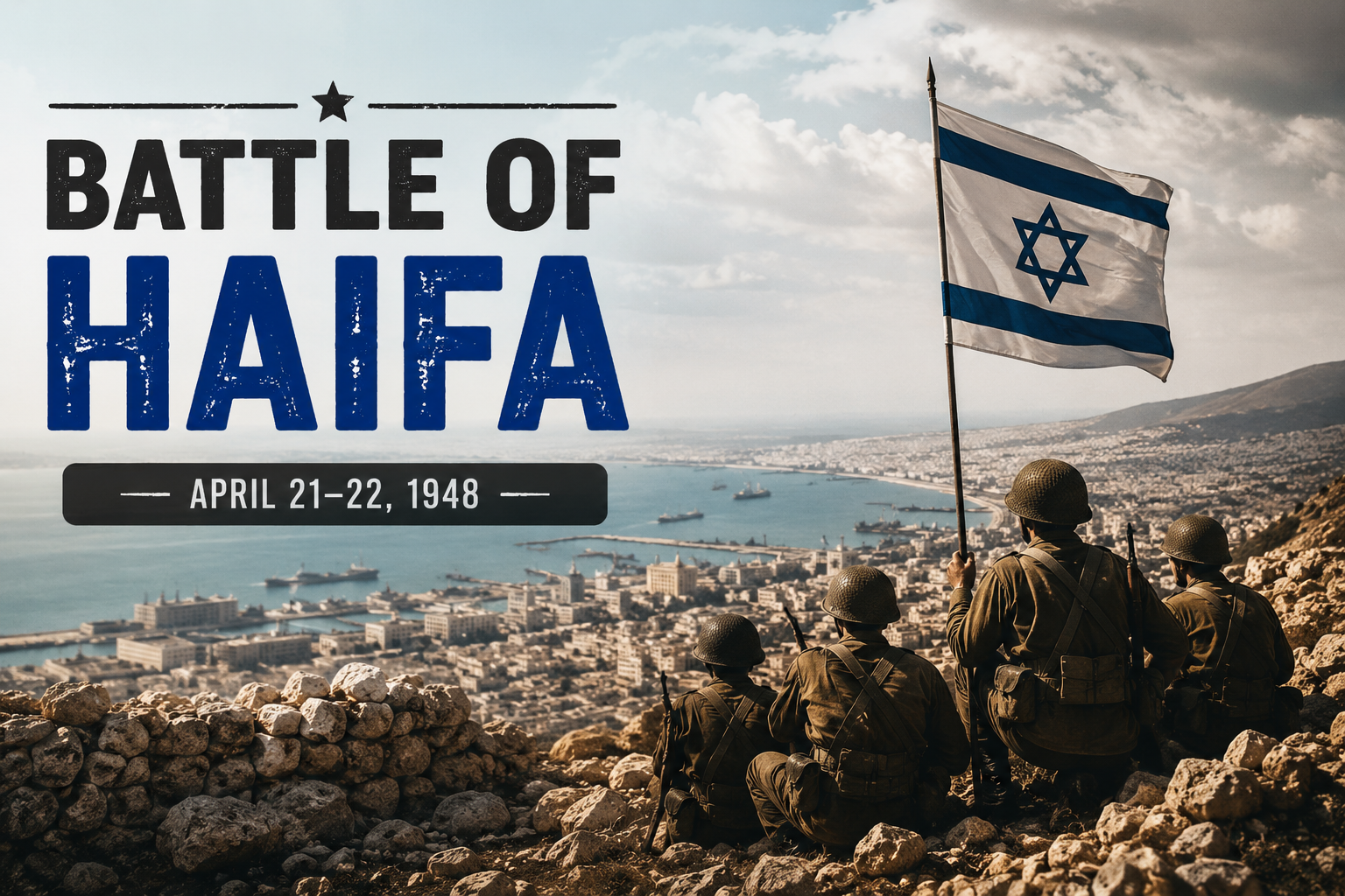 Illustration of the Battle of Haifa with cavalry and the city skyline.