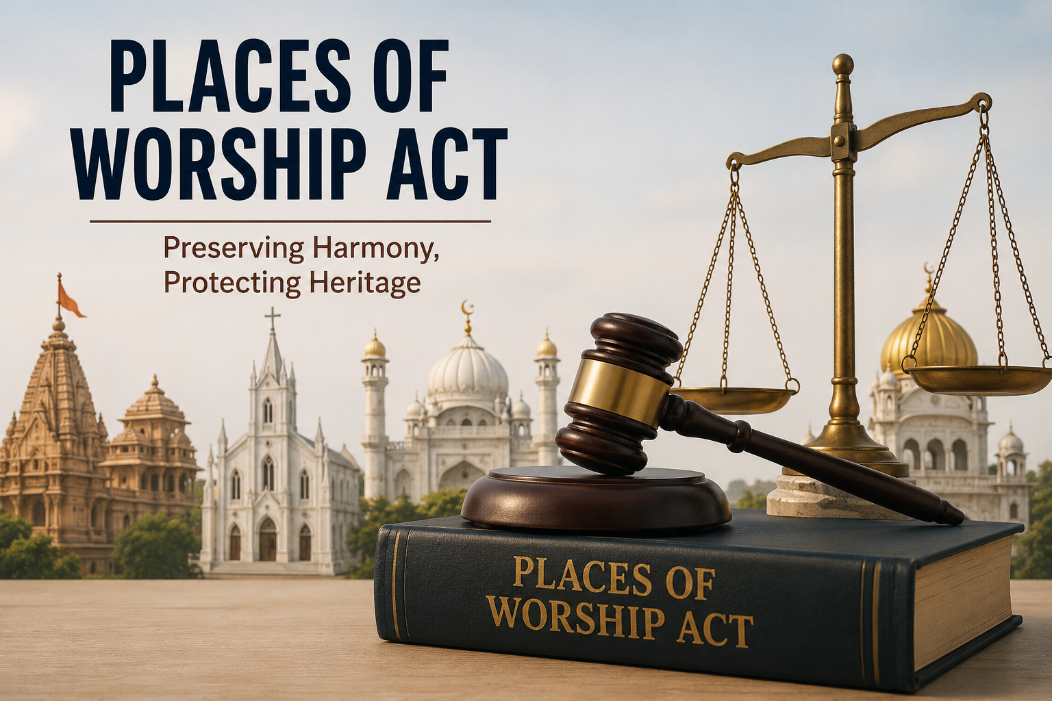 Places of Worship Act with legal symbols and religious monuments.