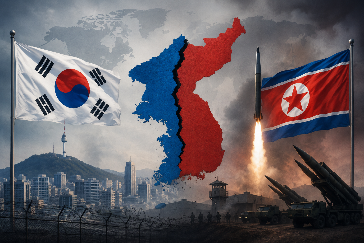 Illustration of the divided Korean Peninsula with North and South Korean symbols representing regional tensions.
