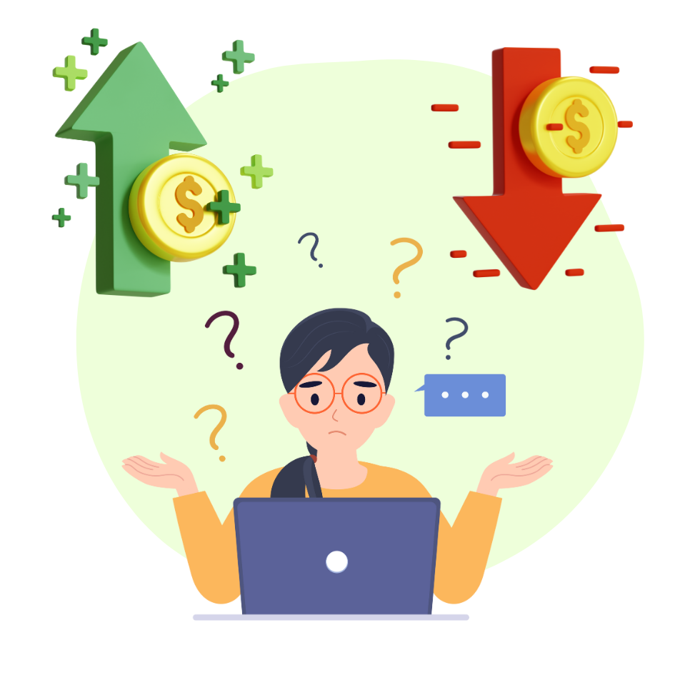 Confused student analyzing profit and loss questions on laptop with dollar signs and up-down arrows representing financial gain and loss