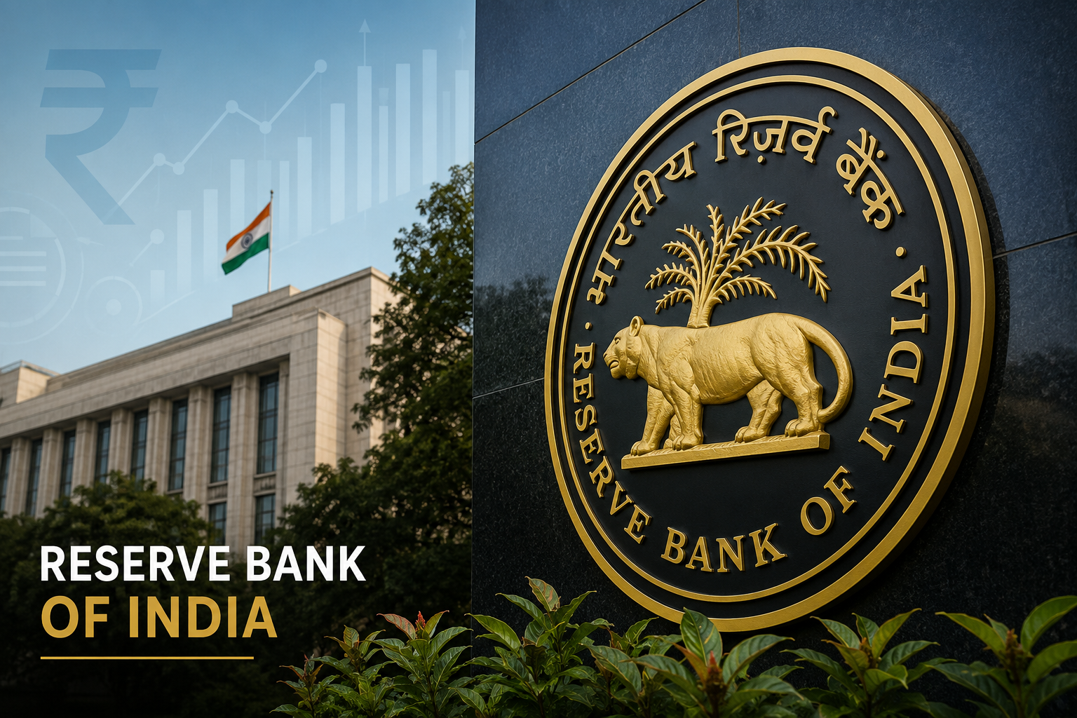 Reserve Bank of India (RBI) headquarters with the RBI emblem, Indian flag, and financial graphics representing India's central banking system.