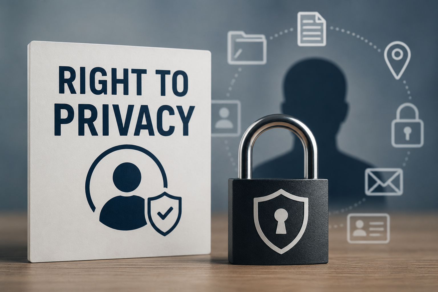 Conceptual illustration of the Right to Privacy featuring a padlock, user protection icon, and secure digital data symbols.