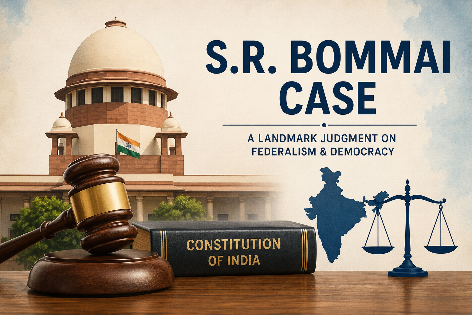 Illustration of the SR Bommai Case with the Supreme Court, Constitution of India, and gavel.