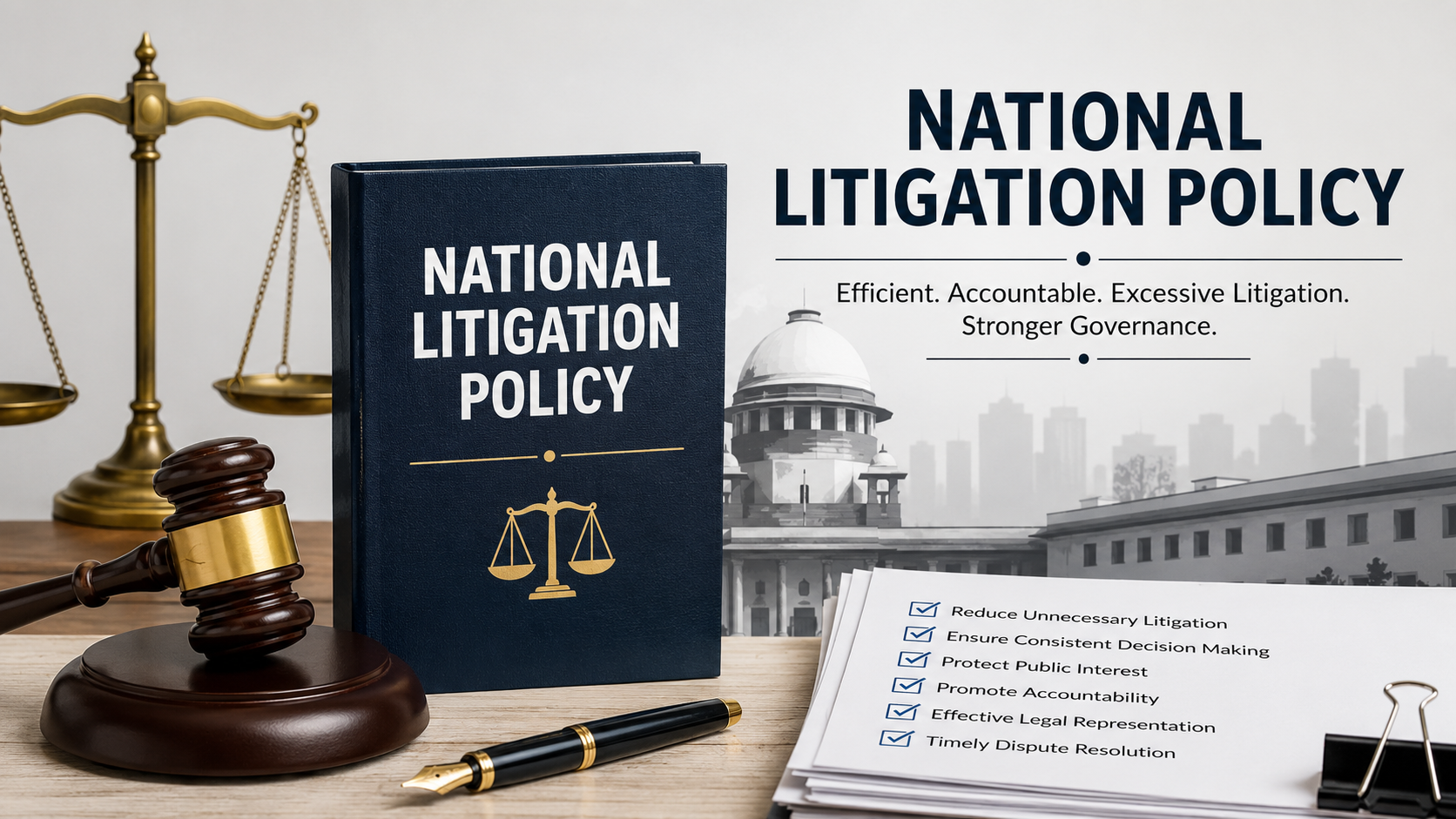 Illustration of the National Litigation Policy with a law book, judge's gavel, scales of justice, legal documents, and a courthouse symbolizing judicial reforms and efficient dispute resolution.