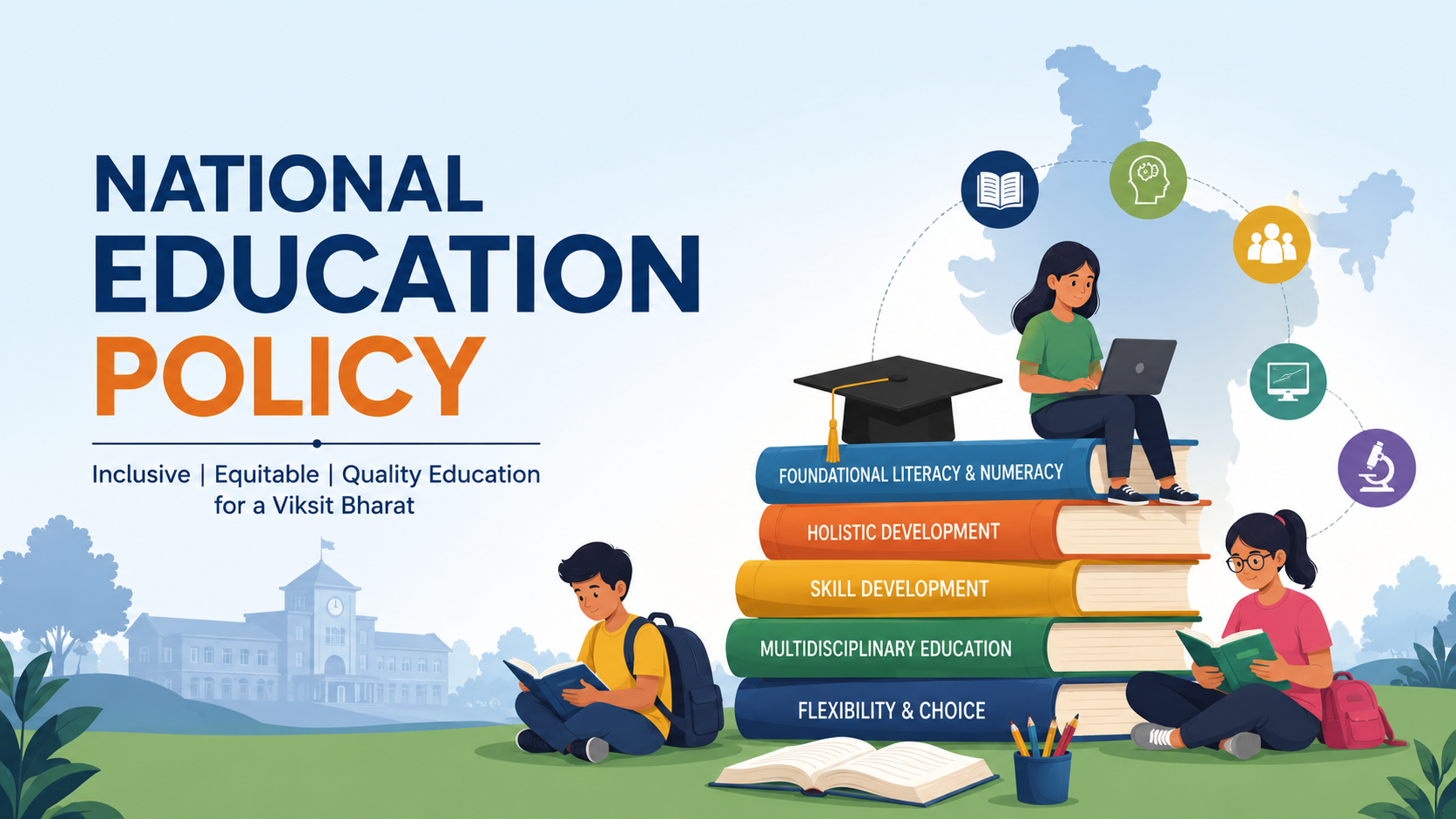 Illustration representing the National Education Policy with students learning, books, digital education, and education icons over a map of India.