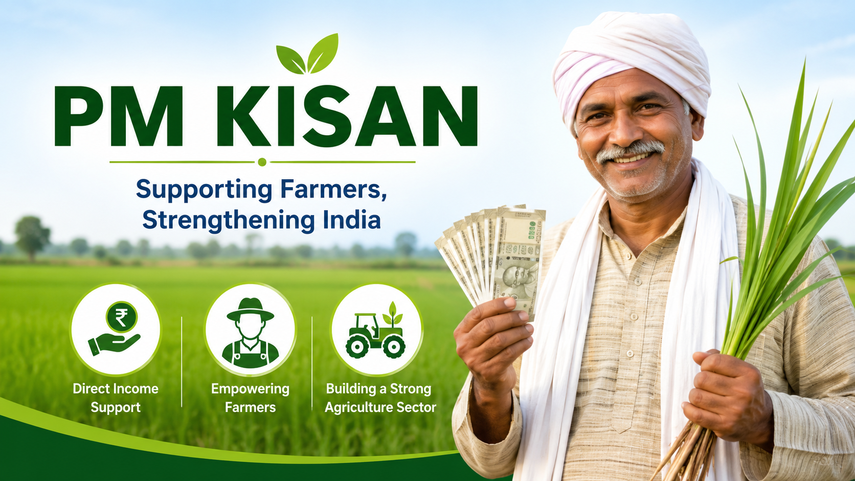 Illustration of a farmer in a green field representing the PM KISAN income support scheme for Indian farmers.