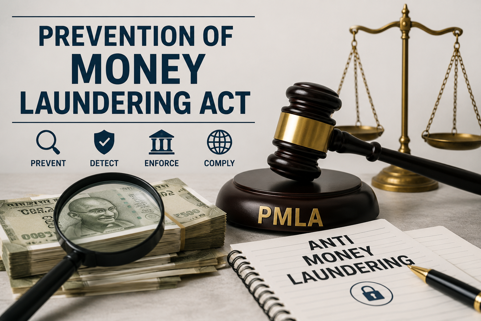 Illustration of the Prevention of Money Laundering Act (PMLA) featuring a judge's gavel, scales of justice, currency, and anti-money laundering compliance symbols.