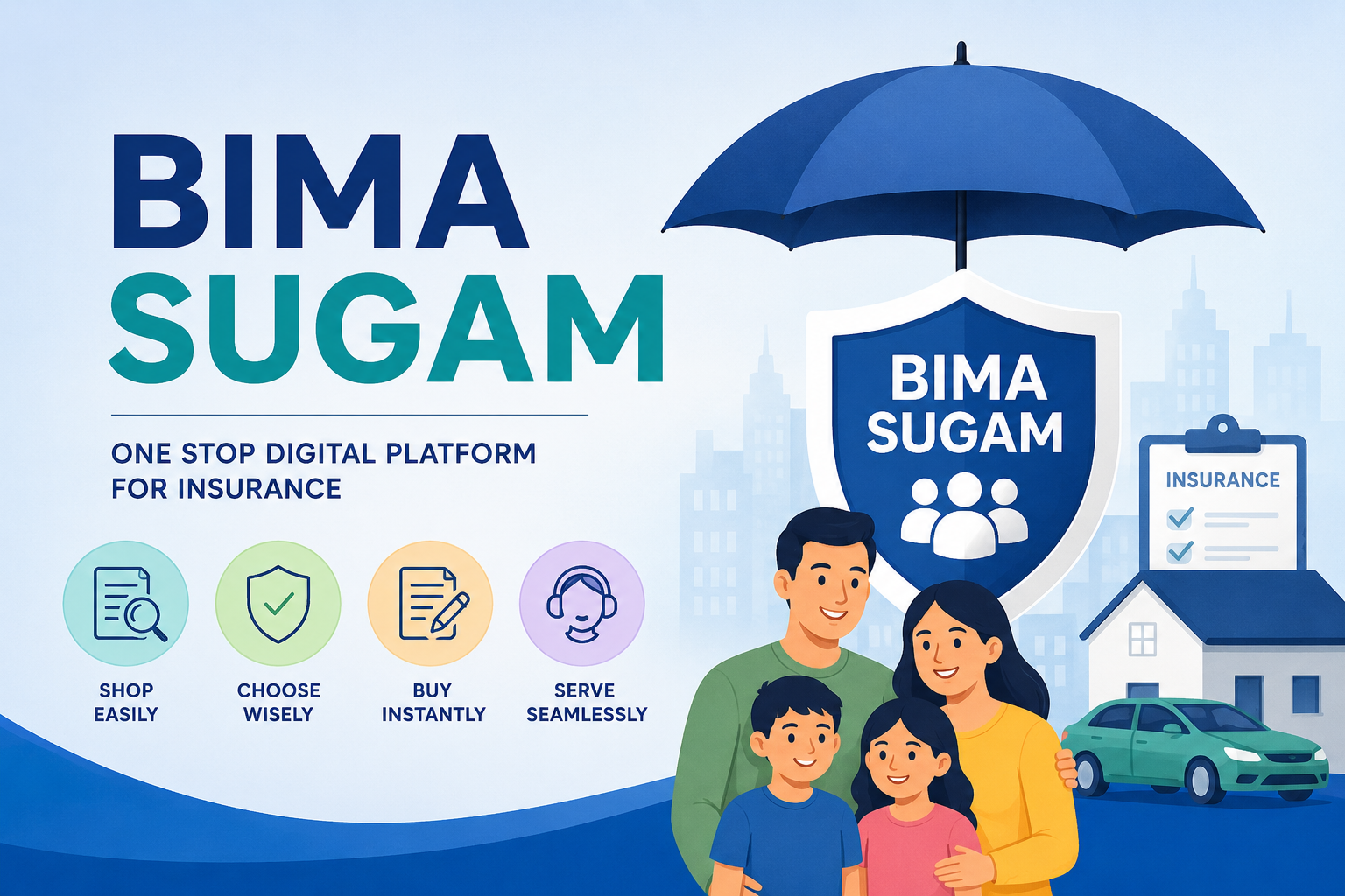 Illustration of Bima Sugam, India's digital insurance platform, with family, insurance shield, umbrella, and policy icons.