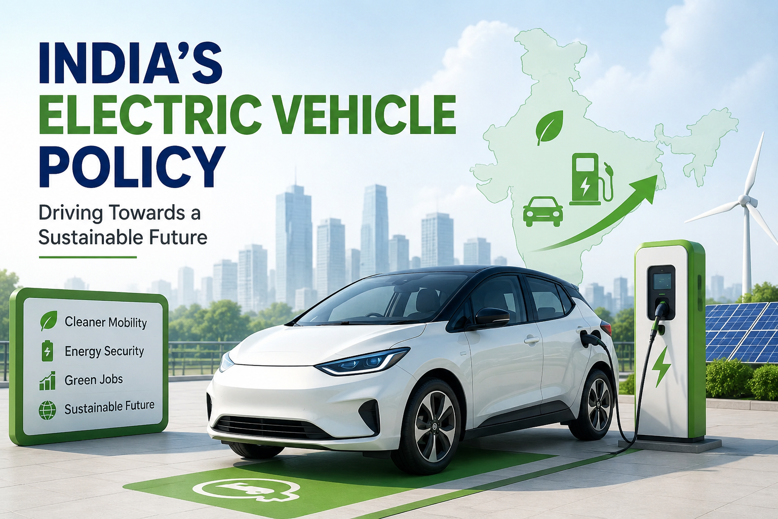 Illustration of an electric vehicle charging at a station with renewable energy symbols and the map of India, representing India's Electric Vehicle Policy and sustainable transportation.