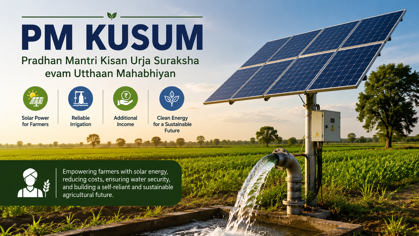 PM KUSUM scheme illustration showing solar panels powering an irrigation pump in an agricultural field.