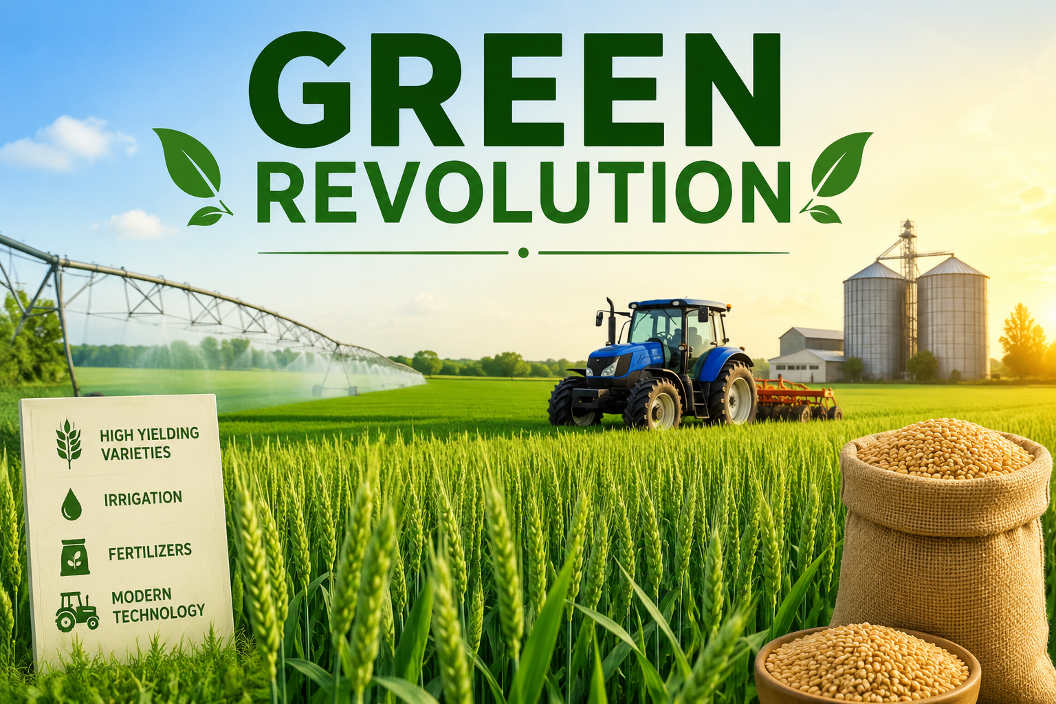 Illustration of the Green Revolution showing modern farming, irrigation, tractors, and high-yield crop fields.
