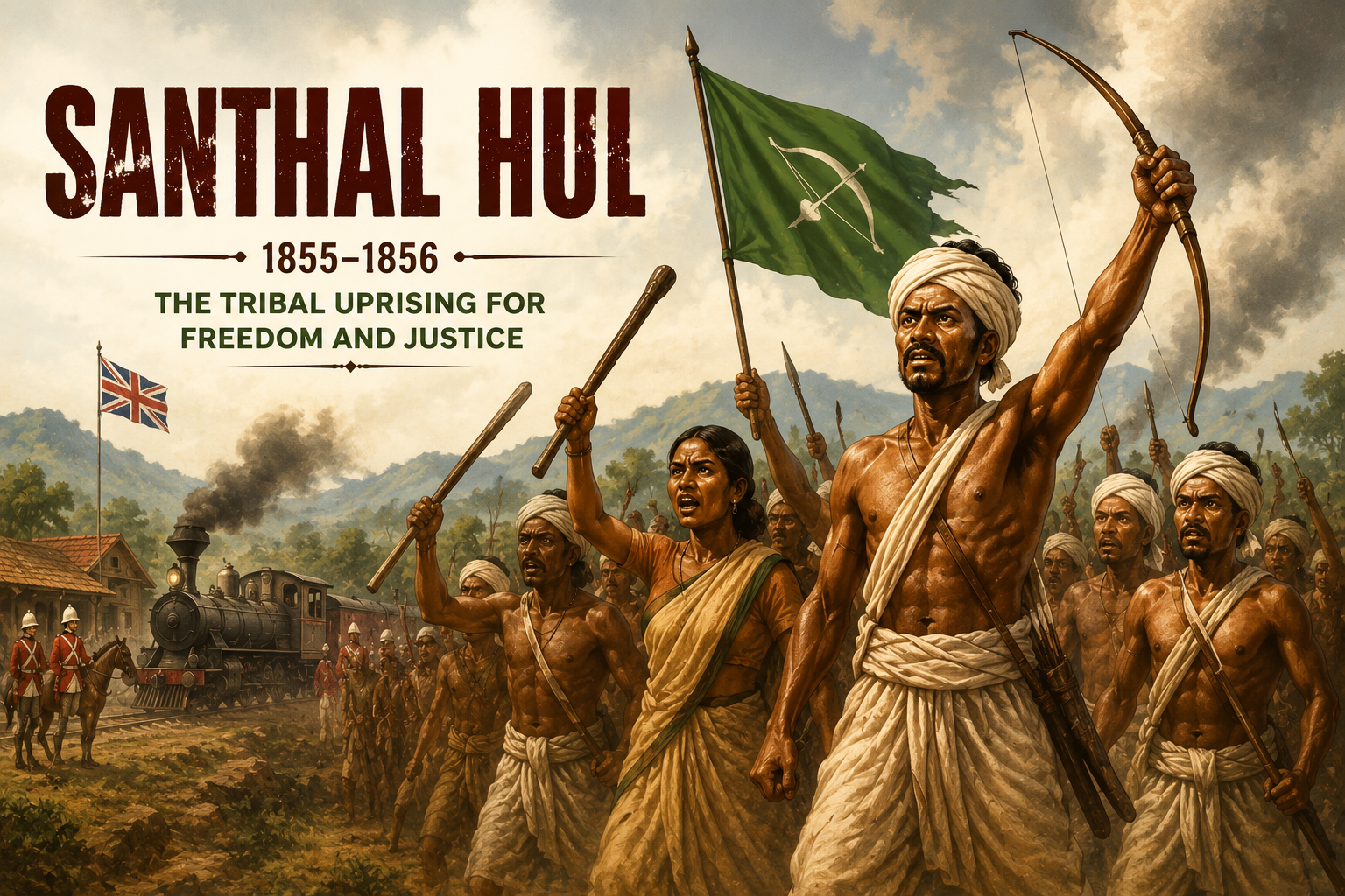 Illustration of Santhal Hul (1855–56), showing Santhal tribal leaders and warriors leading the uprising against British colonial rule.