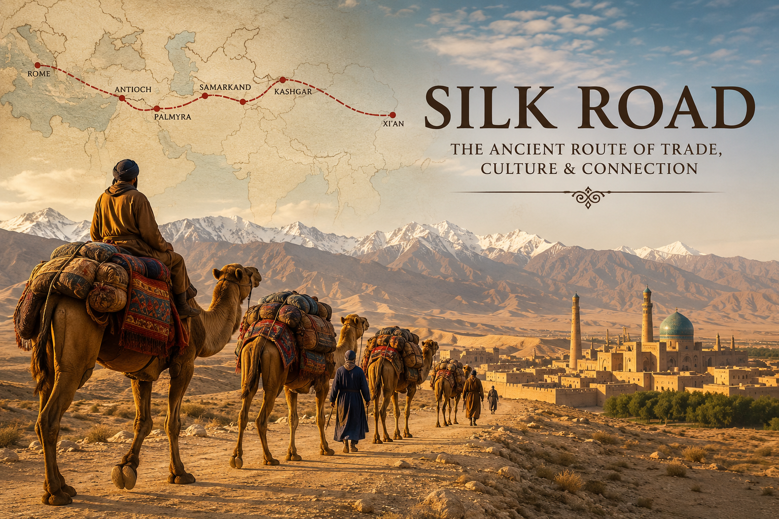 Illustration of a camel caravan traveling along the ancient Silk Road through a desert landscape.