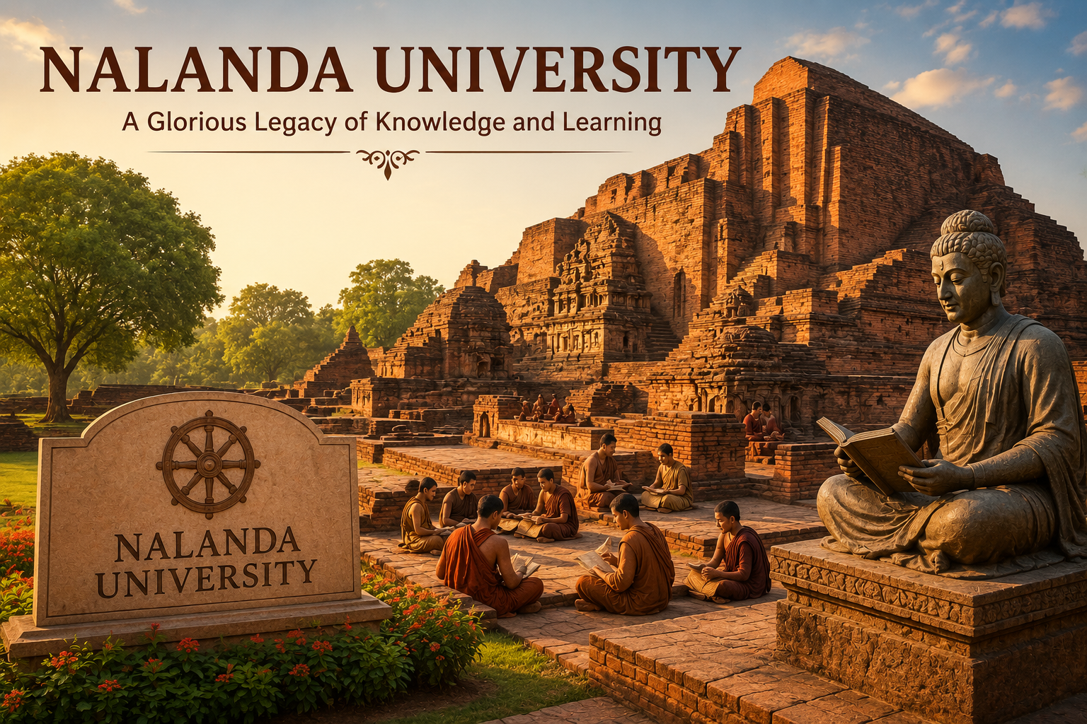 Illustration of the ancient Nalanda University ruins with monks studying and a Buddha statue, symbolizing India's historic center of learning.