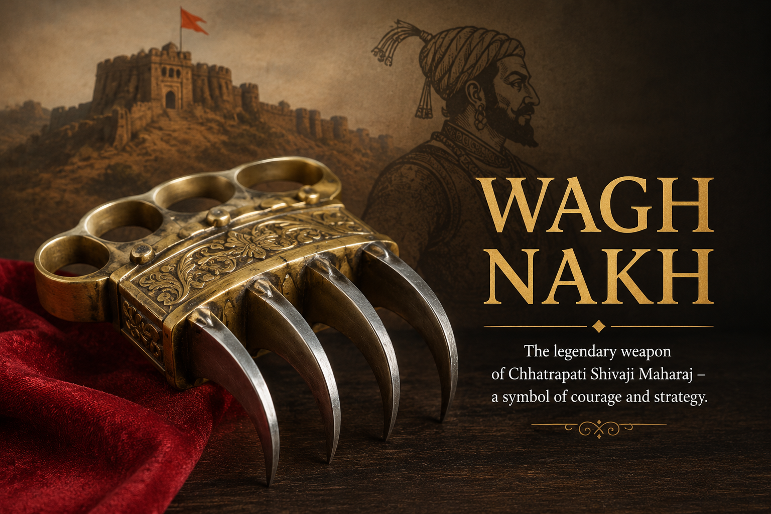 Illustration of a Wagh Nakh (tiger claw weapon) with a historic fort and warrior silhouette, symbolizing the legacy of Chhatrapati Shivaji Maharaj.