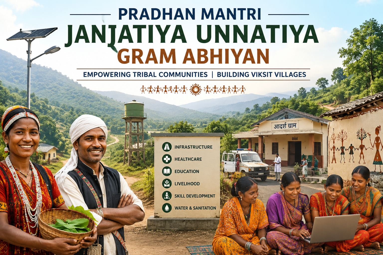 Illustration of tribal families, modern village infrastructure, education, healthcare, and sustainable development under the Pradhan Mantri Janjatiya Unnat Gram Abhiyan (PMJUGA)