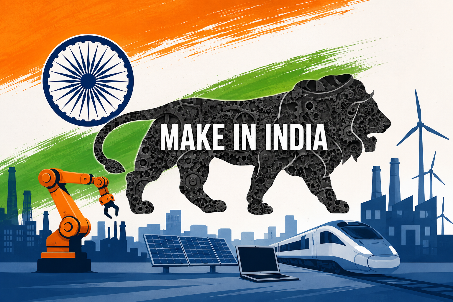 Illustration of the Make in India initiative featuring the iconic lion, factories, renewable energy, robotics, and modern transport symbolizing India's manufacturing growth.