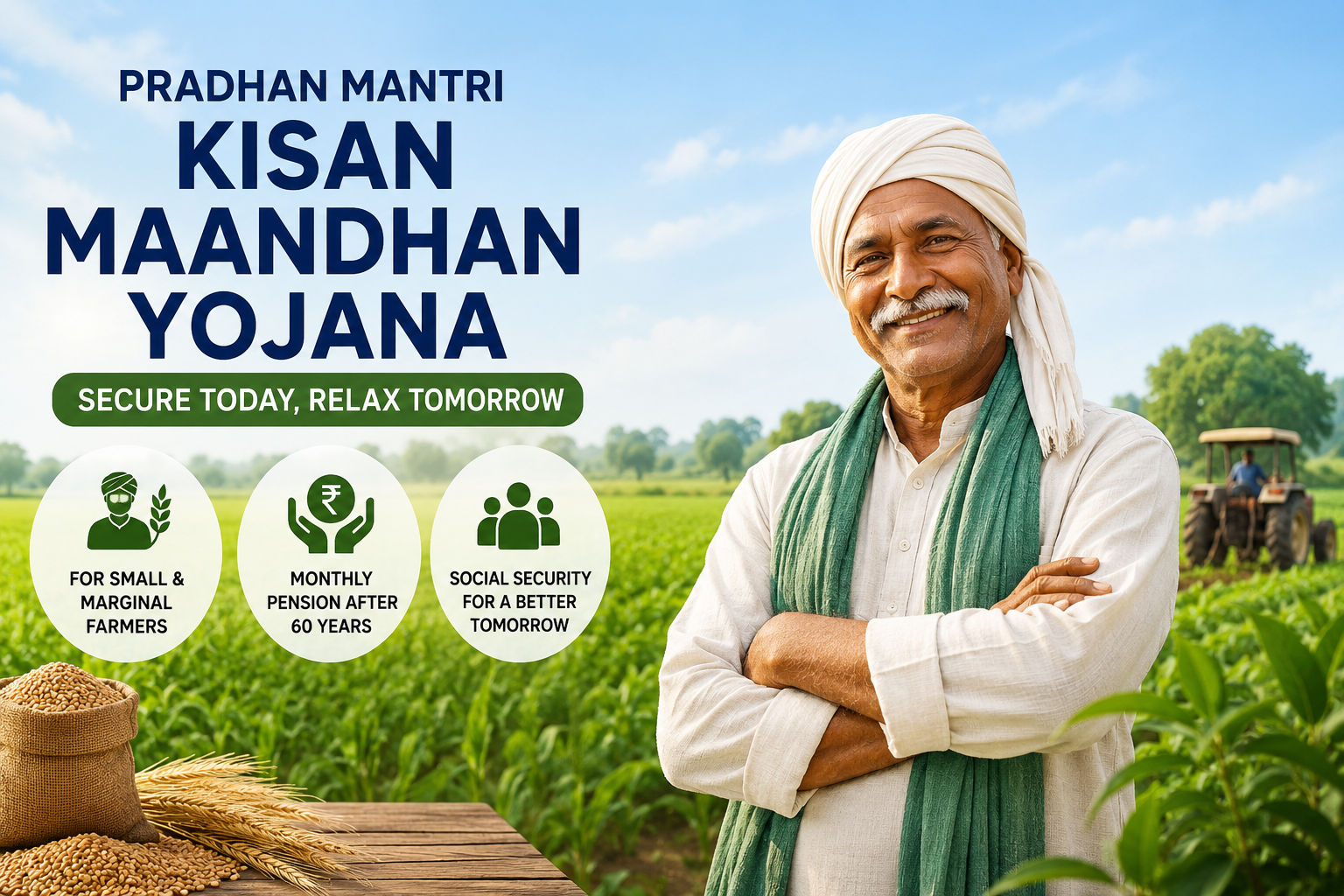 Illustration of an Indian farmer standing in a green agricultural field, representing the Pradhan Mantri Kisan Maandhan Yojana pension scheme for farmers.