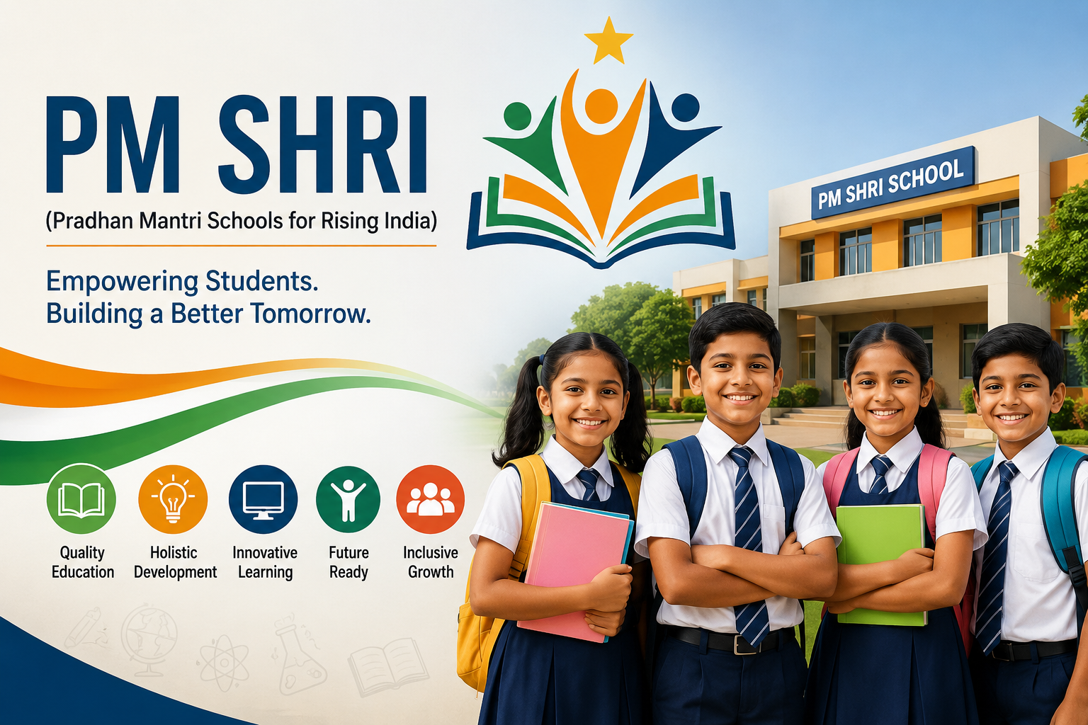 PM SHRI school with students, modern classrooms, and symbols of quality education under the Pradhan Mantri Schools for Rising India initiative.