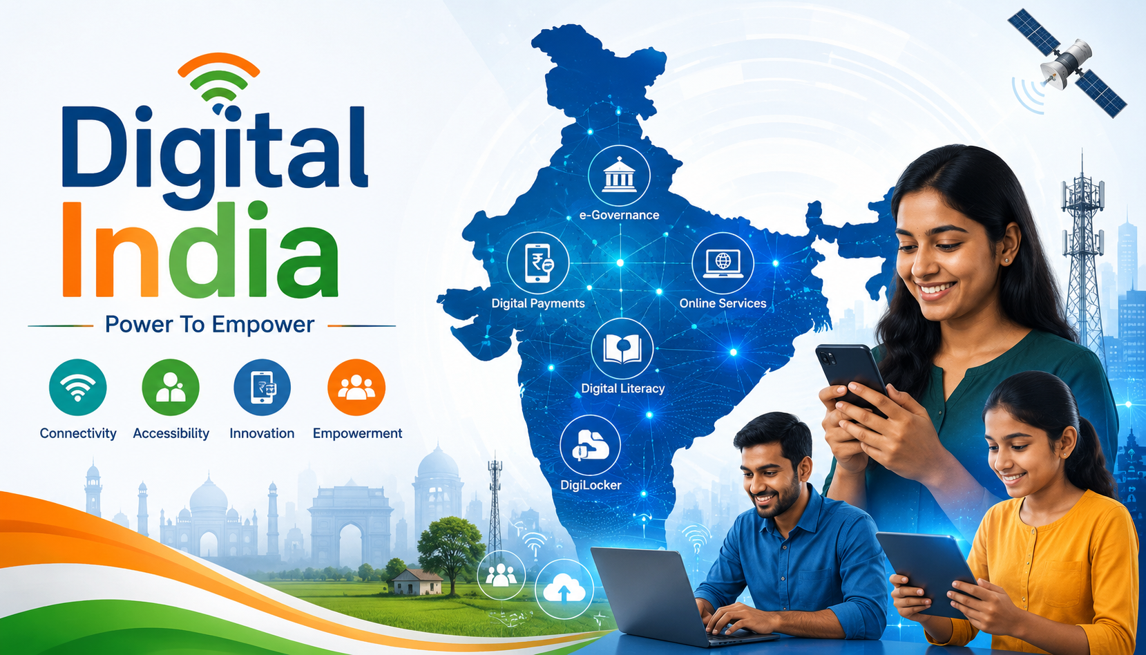 Digital India concept showing a connected India map, digital services, smartphones, internet connectivity, and citizens using technology for governance and education.