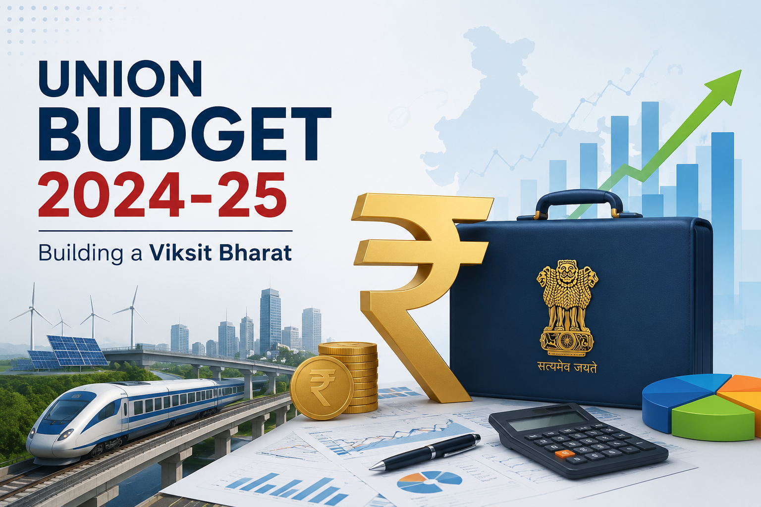 Union Budget 2024–25 illustration with budget briefcase, rupee symbol, financial charts, infrastructure, and economic growth icons.