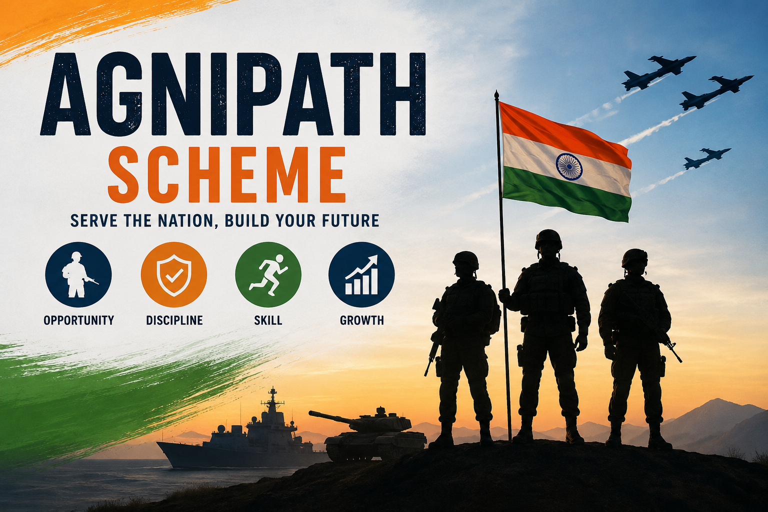 Illustration of Indian soldiers with the national flag, fighter jets, a naval ship, and a tank representing the Agnipath Scheme.