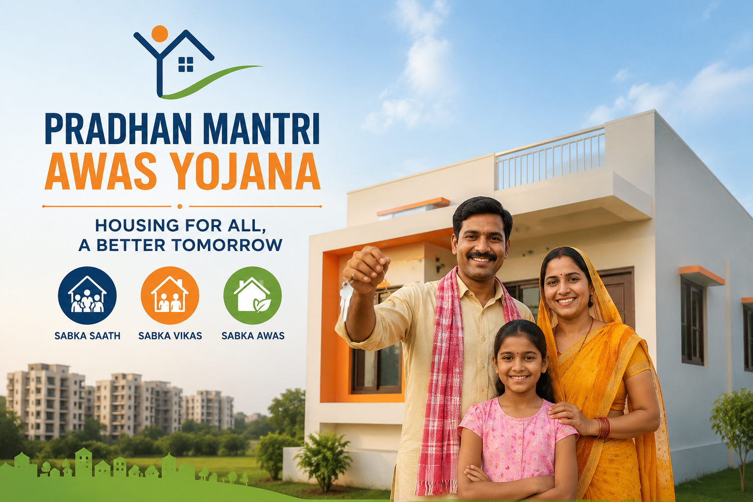 Illustration of a happy Indian family standing outside a newly built house, representing the Pradhan Mantri Awas Yojana housing scheme.