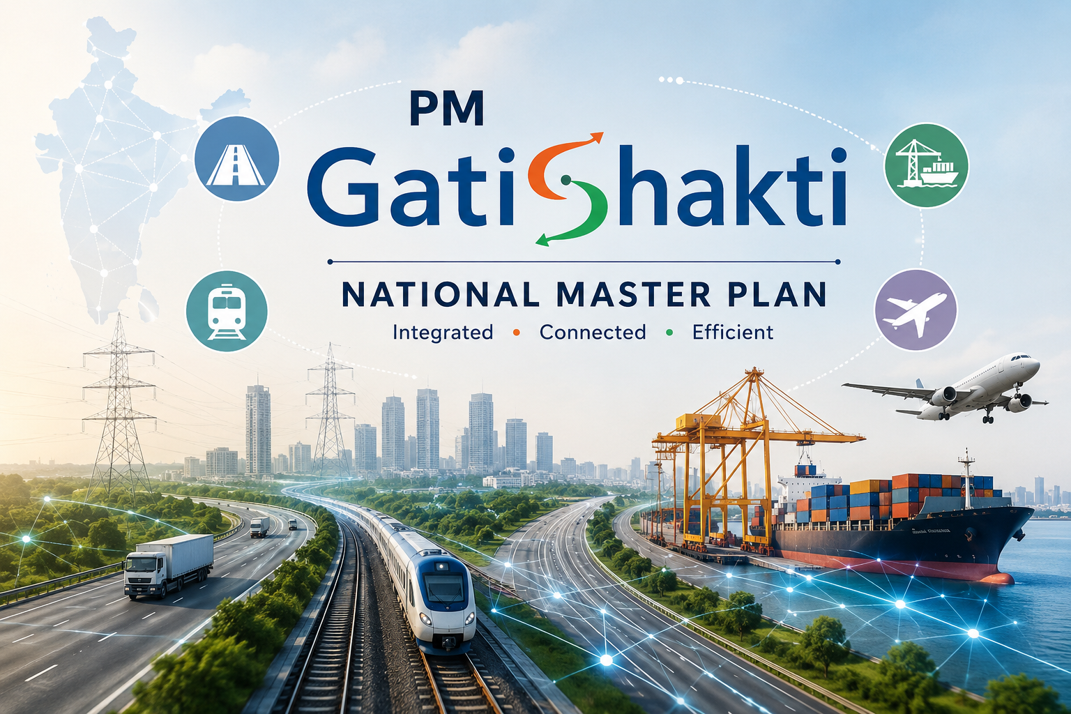 PM Gati Shakti National Master Plan illustration showing an integrated multimodal transport network in India with highways, railways, cargo ports, airports, power transmission lines, and digital connectivity over a map of India, representing coordinated infrastructure development, logistics efficiency, and economic growth.