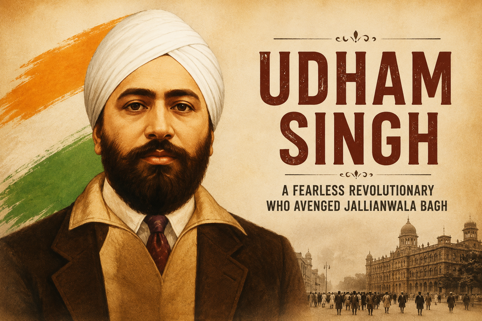 Illustrated portrait of Udham Singh with the Indian tricolour and a historic cityscape in the background.