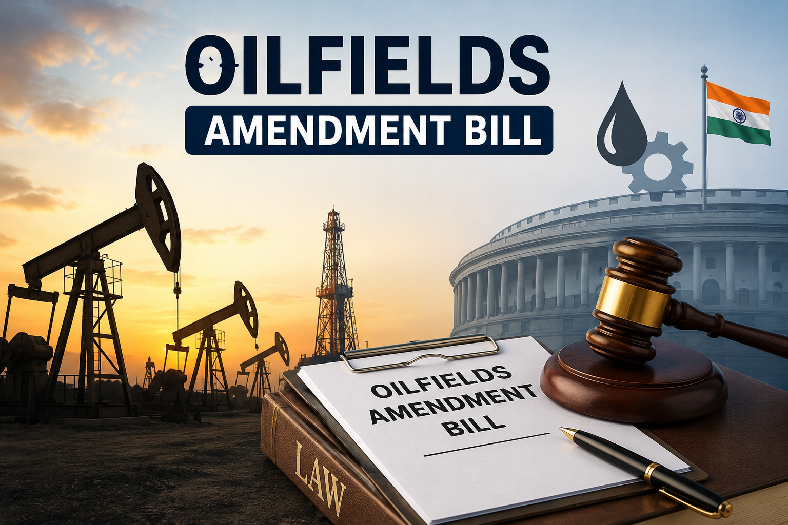 Oilfields Amendment Bill illustration showing crude oil in India, oil rigs, crude oil barrels, the Indian Parliament, and legal symbols representing reforms in the oil and gas sector.