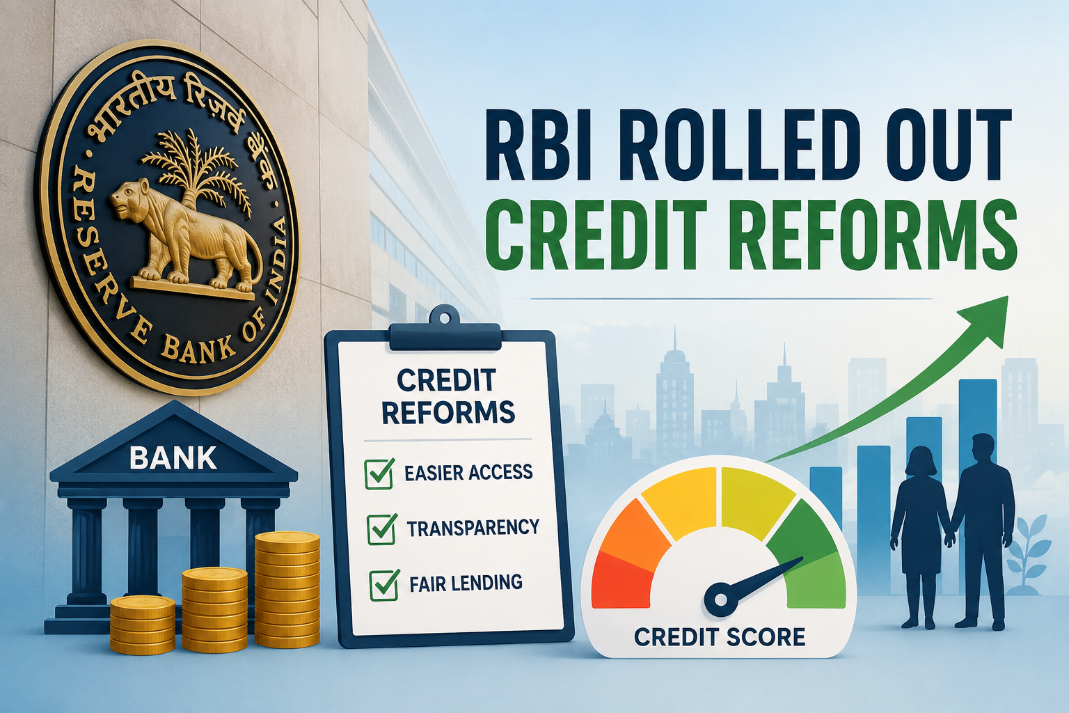 RBI credit policy reforms illustration showing a bank, credit score, growth chart, and borrowers, representing easier access to credit and transparent lending.