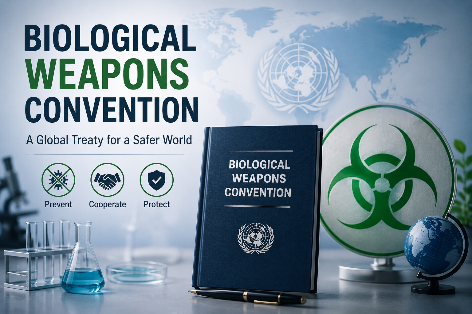 Illustration of the Biological Weapons Convention featuring a treaty document, laboratory equipment, a biohazard symbol, and a world map, representing global efforts to ban biological weapons and promote international security.